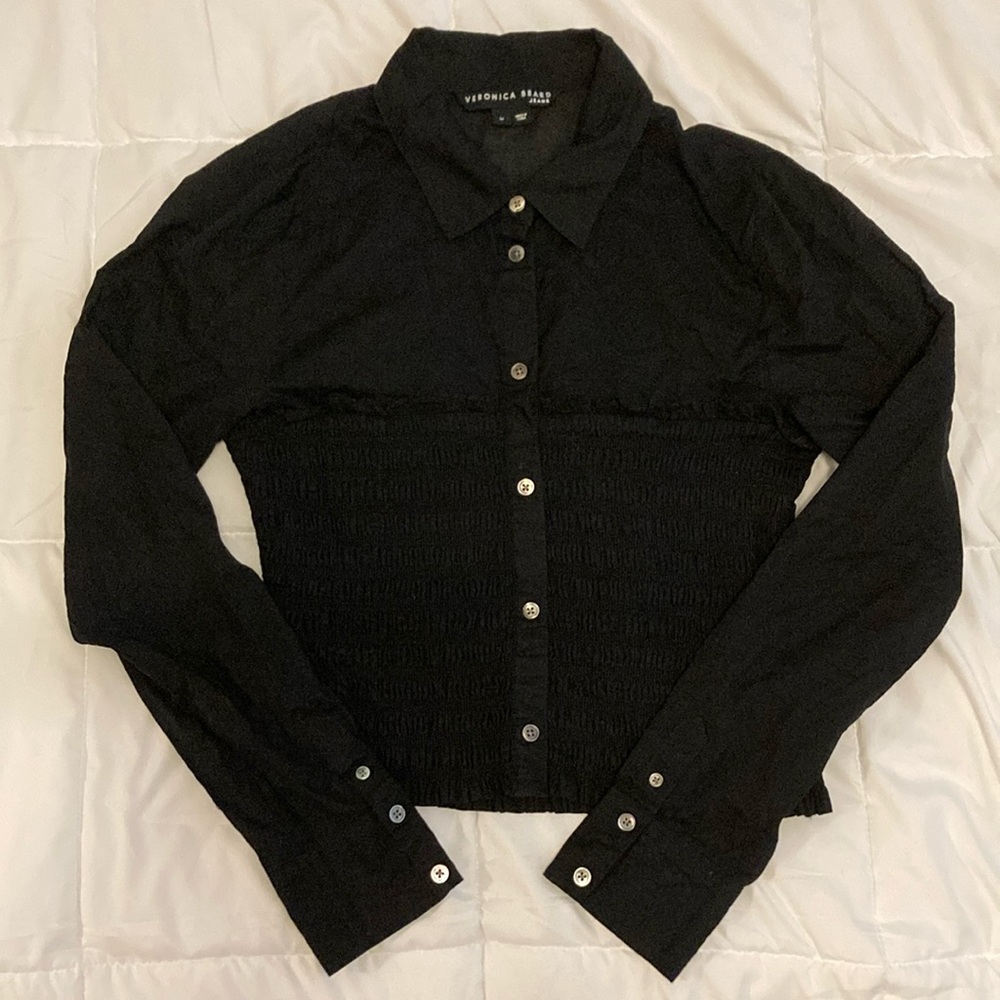 Veronica Beard Ruched Waist Button Down Cotton Shirt Black Size M